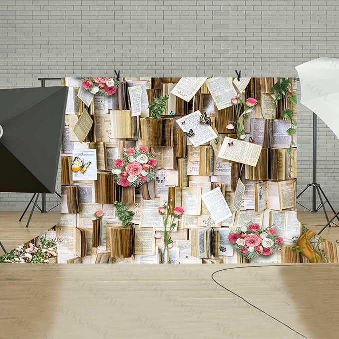 8x8ft Vintage Bookshelf Background Books Pink Flowers Weeding Decor Photo Backdrop Girls Party Kids Baby Shower Birthday Baby Shower Photo Studio Props KUBDJ731