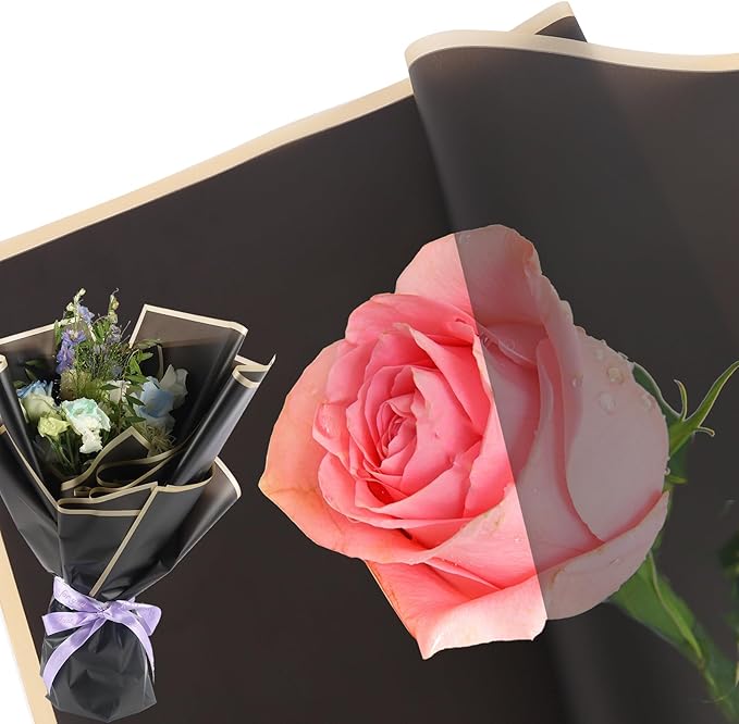 YIDATIKER 20 sheet Flower Wrapping Paper,waterproof floral wrapping paper for bouquets,DIY Florist Supplies Packaging Paper with satin ribbon for Wedding,Birthday,Valentine's Day(Black)
