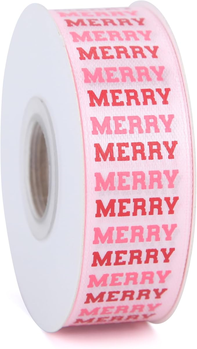 Gingerbread with Candy Canvas Ribbon 7/8 Inch 20 Yards Pink White Merry Christmas Candy Cane Fabric Craft Ribbon for Christmas Gift Wrapping Wreath Bow DIY Crafts Supplies (Pink Merry)