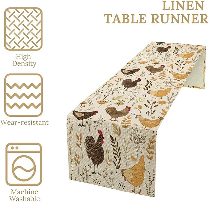 Farmhouse Rooster Table Runner, Rustic Farm Animals Cute Cartoon Chicken Floral Dinner Runner for Farmhouse Home Kitchen Dinner Table Holiday Party Decoration 13x70in