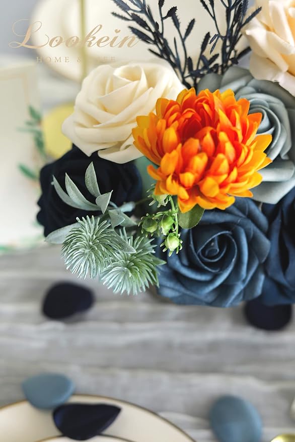 Lookein Artificial Flowers for DIY Wedding Decoration Bridal Bouquet Table Centerpieces Flower Garland Wreaths Aisle Arch Flower Decoration Home Decor, Delicate Navy Blue