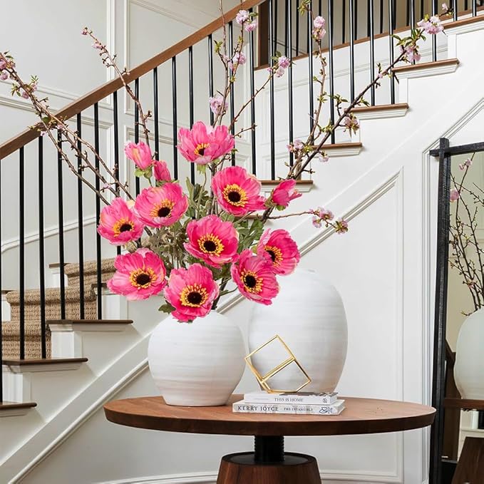 28.3" Pink Artificial Flowers Poppy Flowers 3Pcs Silk Fake Poppy Flowers Real Touch Faux Poppies Spring Flower Long Stem Arrangement with 4 Heads for Party Centerpiece Bouquet Table Home Decoration