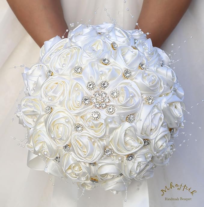 Bridal Wedding Bouquet Round Bling Brooch Bouquet Throw Toss Artificial Rose Flower Bunch for Bride Bridesmaid Wedding Quinceanera(Ivory, 8.7")