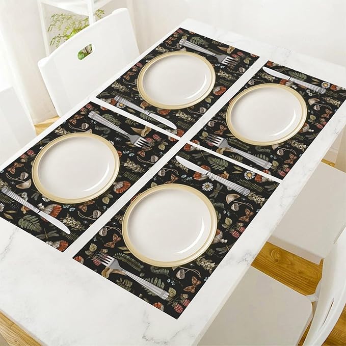 Mushroom Placemats Set of 4,Vintage Gothic Mushroom Fern Kitchen Place Mats Linen 12x18 Inch,Black 4 PCS, Style-5
