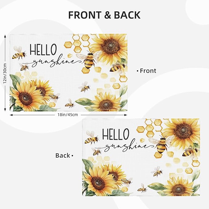 Farmhouse Sunflower Placemats Set of 4, Hello Sunshine Place Mats, Rustic Bee Dining Table Mats, Washable Placemats for Kitchen Dining Room Home Decor 18L'' × 12W''