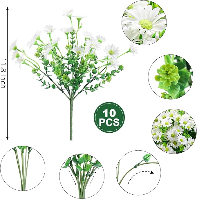 10pcs Outdoors Artificial Mum Flowers UV Resistant Daisy Fake Silk Chrysanthemum Greenery Faux Eucalyptus Plants for Spring Summer Garden Patio Window Box Planter Home Decor(White)