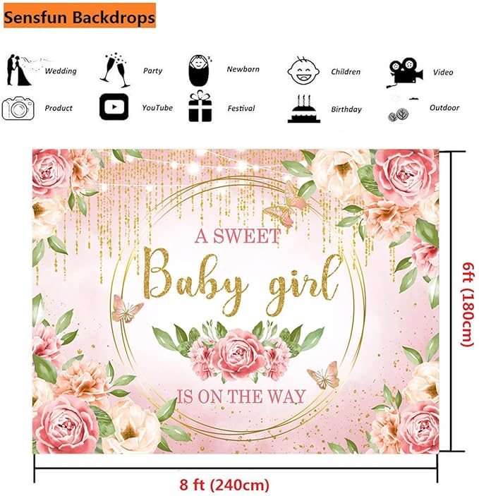 Sensfun Pink Floral Baby Girl Decorations - Glitter Gold Blush Flowers Photo Booth Banner for Baby Showers (8x6ft)