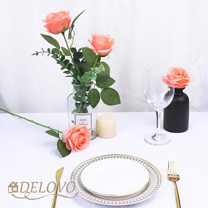 52pcs Coral Peach Roses Artificial Flowers Fake Flowers Silk Roses with Stems for DIY Wedding Bouquets Bridal Shower Centerpieces Arrangements Party Decorations