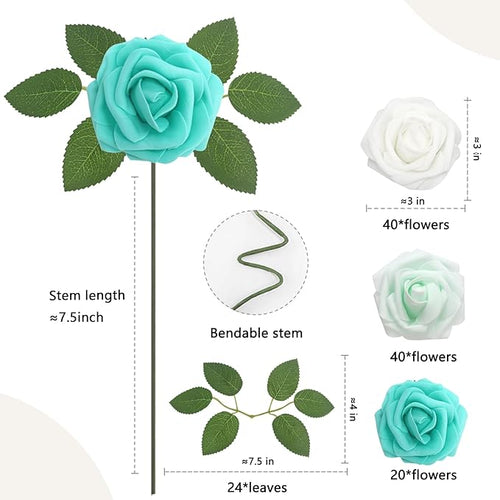 100PCS Artificial Flowers Green Series Roses Real Looking Foam Fake Roses with Leaves and for DIY Wedding Bouquets Bridal Shower Centerpieces Party Decorations (Green Series, 100)