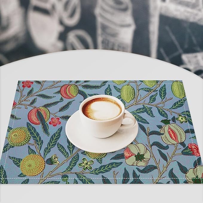 Vintage Fruit Placemats Set of 4, William Morris Retro Boho Flower Botanical Plant Place Mats, Heat Resistant Non Slip Cotton Linen Dining Table Mats for Home Kitchen Party 18x12 Inch