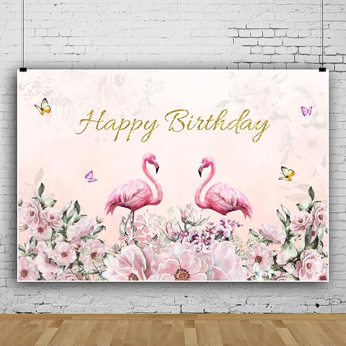 Renaiss 7x5ft Happy Birthday Backdrop Pink Flamingo Theme Birthday Party Photography Background for Girls Daughter Flower Butterfly Cake Table Banner Decor Studio Portrait Pink Photo Props