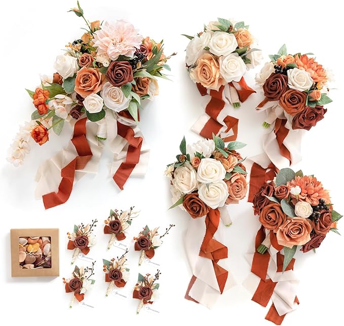 Ling's moment Wedding Artificial Flowers Package, Bridal Bouquet, Bridesmaid Bouquets, Boutonniere for Men, Rose Petals.Terracotta Orange
