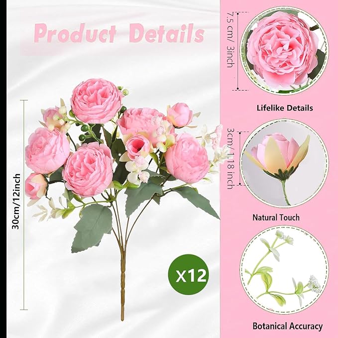 Peonies Artificial Flowers 12 Bundles Pink Flowers Bouquet, Lifelike Silk Fake Peonies with Stems for Home Table Centerpieces, Wedding, Party & DIY Bridal Floral Arrangements (Light Pink)