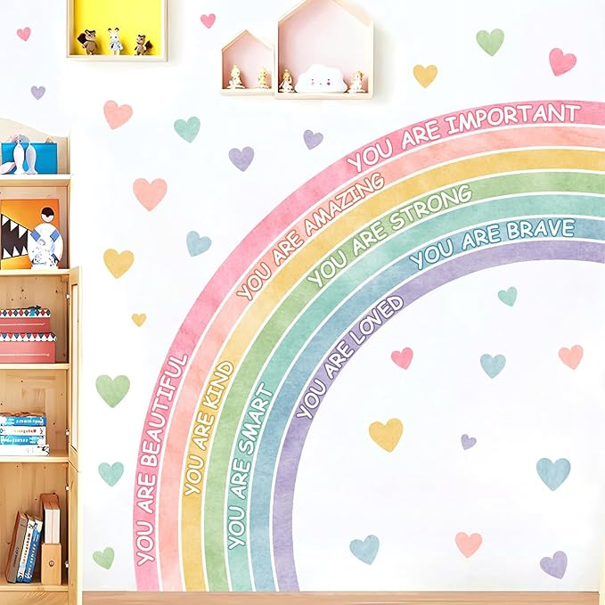Large Rainbow Wall Sticker Watercolors Inspirational Wall Decal Baby Girls Bedroom Walls Decor Half Rainbow Decals Peel and Stick Pastel Pink Vinyl Art Mural Sticker for Toddler Playroom Kids Nursery