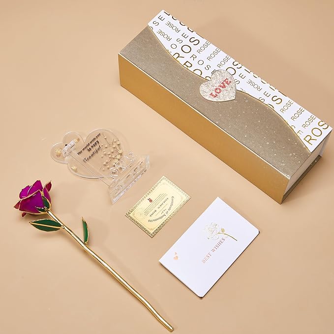 Mikasol Gold Dipped 24K Forever Preserved Rose, 1 Pack Infinity Flower Decor Hand Dipped Romantic Gift for Women in Her Wife Girlfriend Birthday Anniversary Valentines Mothers Day Christmas(Purple)