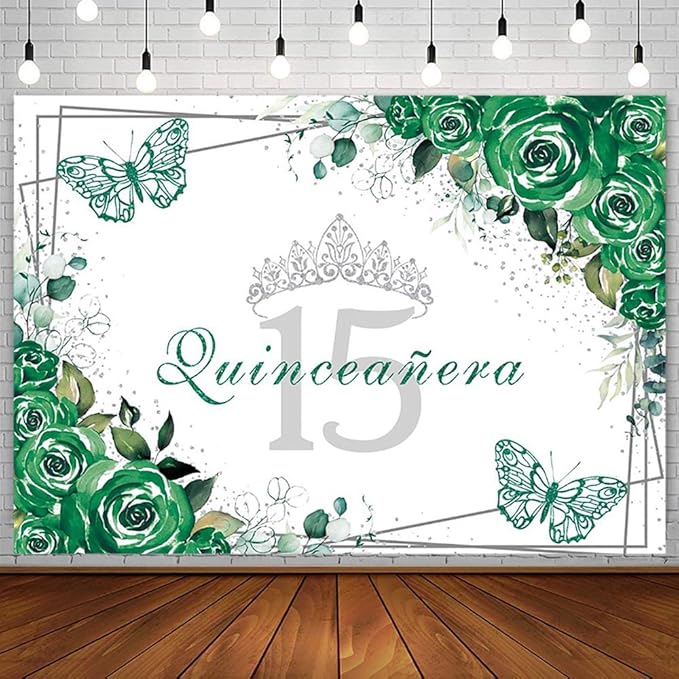SENDY 8x6ft Quinceañera Backdrop Mis Quince 15 Anos Birthday Party Decorations Supplies for Girl Princess Green Floral Butterfly Silver Crown Photography Background Banner Photo Booth Studio Props