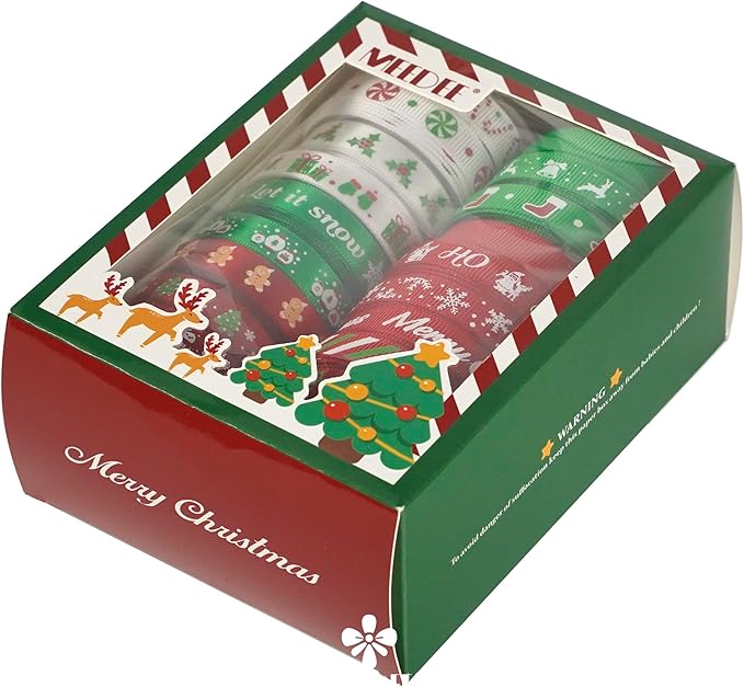 MEEDEE 3/8 inch 100 Yards Assorted Christmas Ribbon - Pack of 20 in Red, Green & White - Mix Grosgrain & Double Face Satin Ribbon for Holiday Décor, Gift Wrapping, Xmas Wreath Bow or Crafting Project
