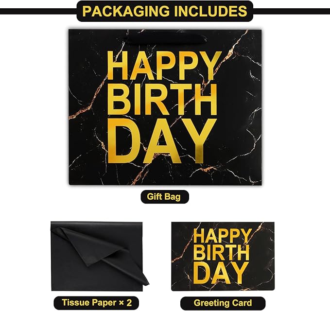ASYEHJNR 13" Large Size Black Gold Birthday Gift Bag Marble with Metallic Gold Happy Birthday Sign Gift Bag with Greeting Card and Tissue Paper for Boy Men Bday Supplies