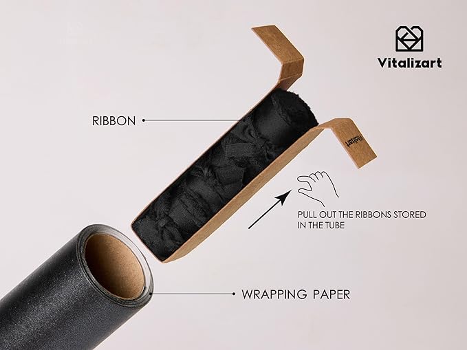 Vitalizart Black Wrapping Paper Set 30" Pearly-Lustre With Silk Like Satin Ribbon & Gift Tags Recyclable Christmas Gift Wrapping Birthday Baby Shower Wedding Handmade Crafts 197"(16.4 Ft)