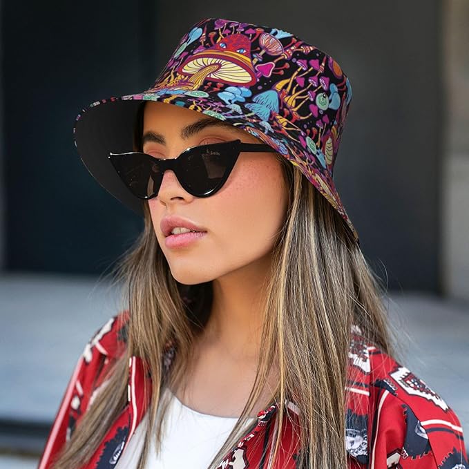 Mushrooms Skulls Cool Bucket Hat Beach Sun Hat Beach Fishing Hat for Men Women
