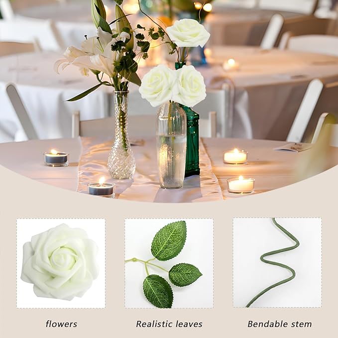 200PCS Milk White Artificial Flowers Roses Real Looking Foam Fake Roses with Leaves for DIY Wedding Bouquets Bridal Shower Party Decorations (Ivory, 200)