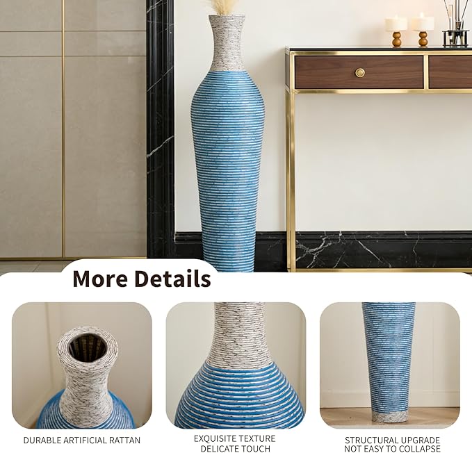 39-Inch Tall Vintage Floor Vase - Premium PVC Rattan Weave, Large Blue and White Striped Standing Vase, Flower Holder for Home Decor (Blue)