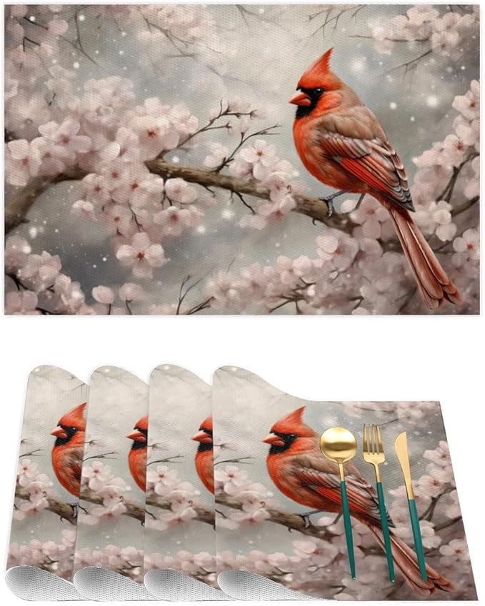 PVC Placemats Set of 1 Winter Red Cardinal Flower Wipeable Table Mats Washable Heat Resistant Non Slip Vinyl Dining Table Mat for Kithen Indoor Outdoor Patio Farmhouse Place Mats Decorative