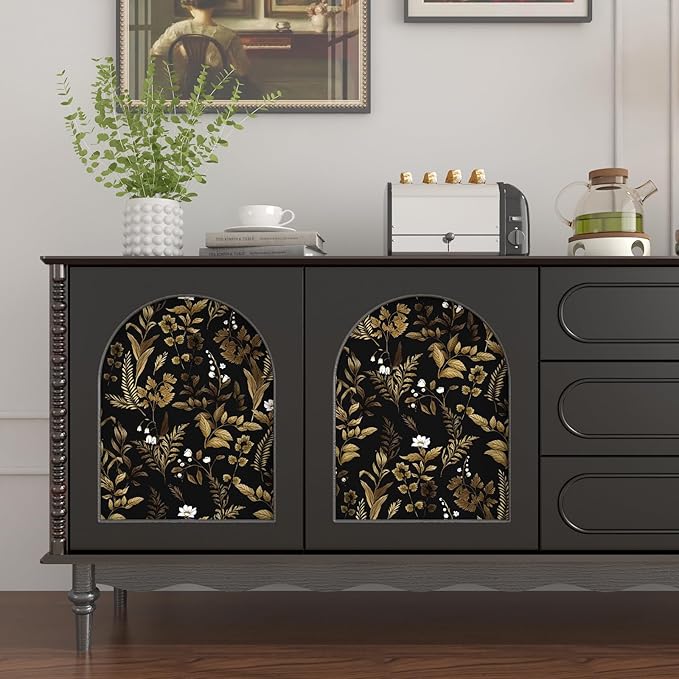 Dark Floral Peel and Stick Wallpaper, Vintage Leaf Pattern Black Gold Self Adhesive Removable Wallpaper for Bedroom Cabinet Kitchen, Vinyl Modern Contact Paper Retro Black Gold 17.5In x 118In