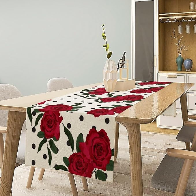Red Rose Print Table Runner, Romantic Valentines Vintage Rose Spring Summer Dinner Runner Table Decoration for Home Kitchen Dining Holiday Wedding Party 13x120in