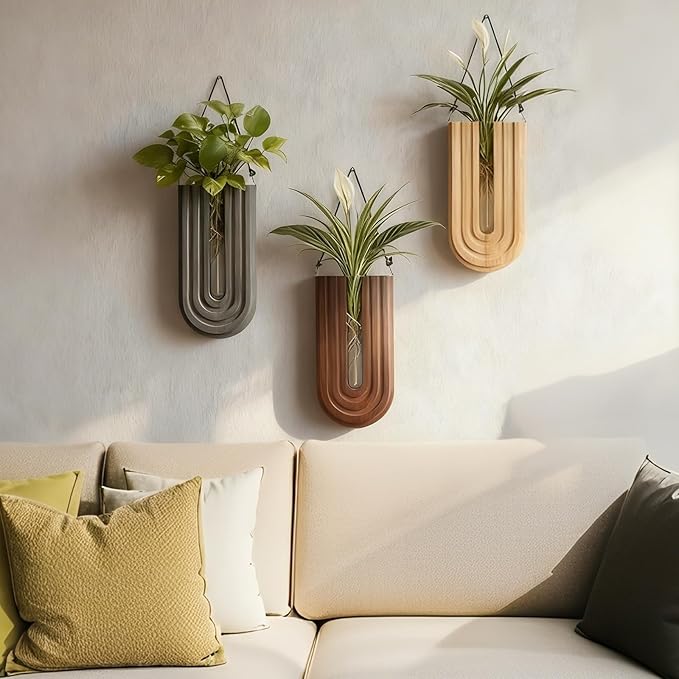 Wall Mounted Wooden Propagation Station Set of 3 - Boho Hanging Indoor Wall Planter Vases for Plants & Flowers, Handmade Rainbow Decor for Living Room, Entryway, or Home Gallery Display