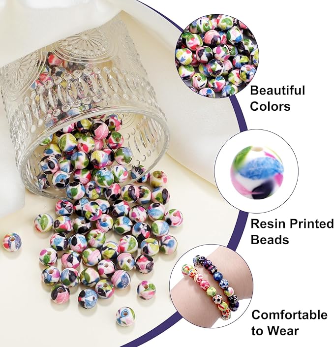 100 PCS 10mm Resin Beads Bulk for Bracelet Making Kit, Green Leaves Printed Round Loose Beads for Jewelry Earring Necklace Rings Art Craft DIY Projects