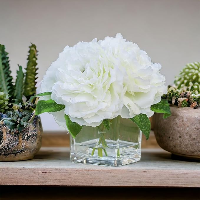 ENOVA HOME Silk Peony Flowers Arrangements in Cube Glass Vase with Faux Water for Home Table Wedding Centerpiece Decoration (Cream)