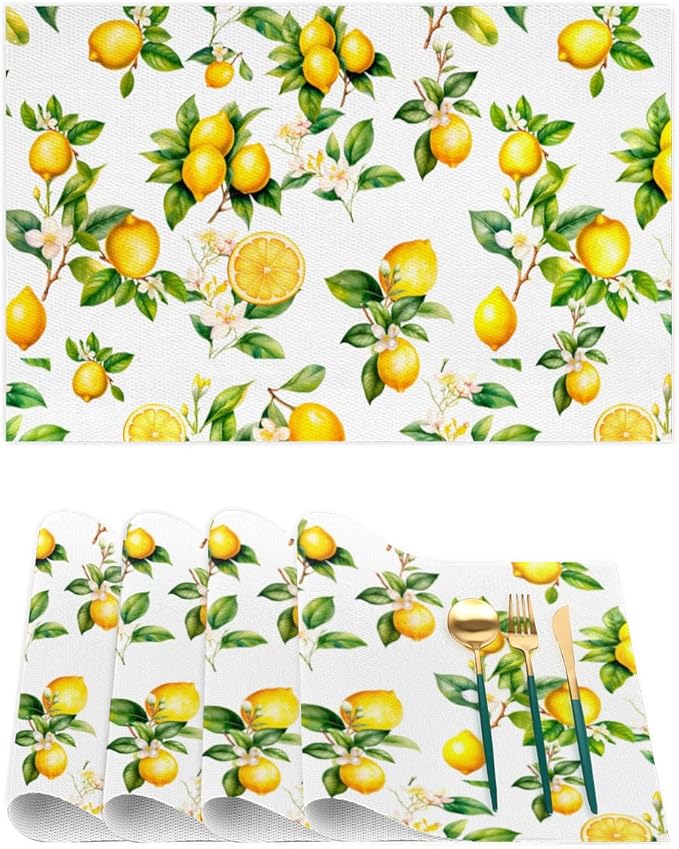 Lemon Tropical Summer Placemats Set of 4 PVC Vinyl Non Slip Table Mats Waterproof Heat Resistant Place Mats Washable Wipeable Dining Table Mat for Kitchen Party Indoor Outdoor Decorative