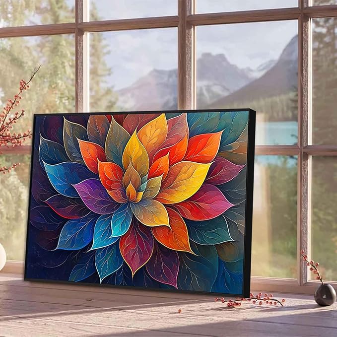 Colorful Flower Canvas Wall Art, Abstract Floral Canvas Prints, Lotus Blossom Pictures Wall Decor, Zen Painting, Yoga Studio Wall Decor (Black Framed, 47"Wx35"H/120x90cm)