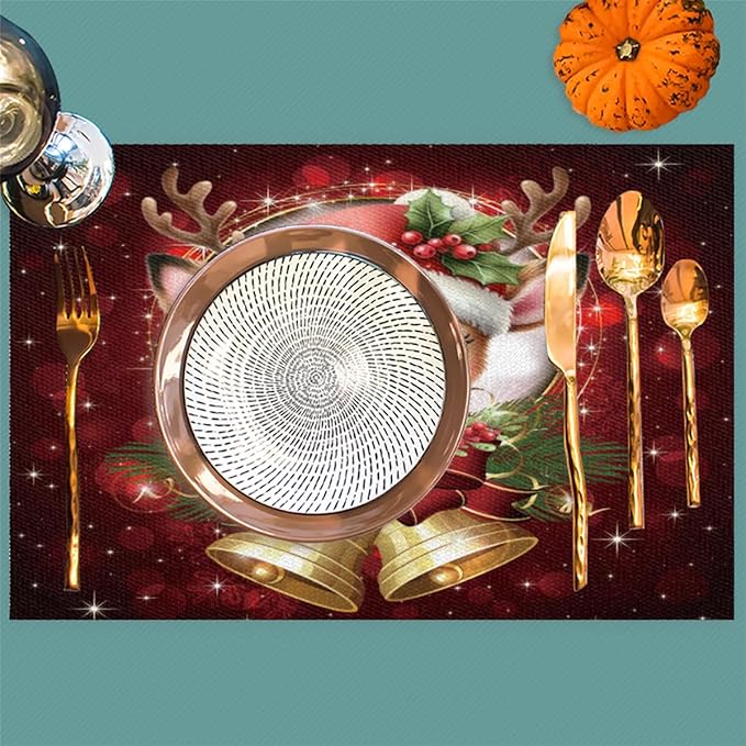 Christmas Xmas Bells Deer Placemats Set of 6 PVC Vinyl Non Slip Table Mats Heat Resistant Place Mats Washable Wipeable Dining Table Mat for Kitchen Decor Party Indoor Outdoor Decorative Gift