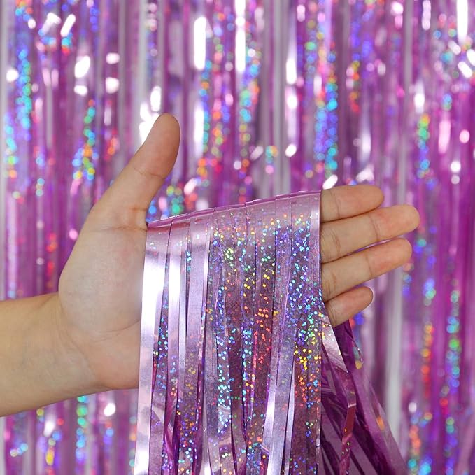 Melsan 3 Pack 3.2 x 8.2 ft Sparkling Pinkish Purple Tinsel Fringe Curtain Backdrop Party Decorations Glitter Decor for Birthdays, Bachelorette, Weddings, Photo Booth