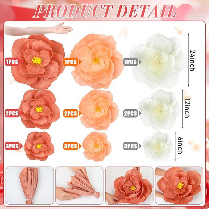 Giant Paper Flowers Artificial Large Paper Flower Decoration for Handcrafted Wall Backdrop Christmas Mexican Wedding Graduation Bridal Shower Birthday Party Supplies(Pink White,18 Pcs)