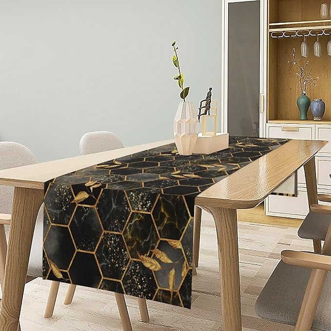Black Grey Marble Table Runner Marble Hexagon Texture Golden Leaves Abstract Seasonal Dinner Runner Table Decoration for Farmhouse Home Kitchen Dining Holiday Party 13x120in