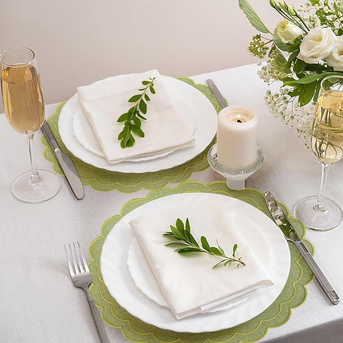Set of 8 Cotton Linen Placemats, 15x15 Scalloped Flower Embroidery Cloth Table Mats Double Layered Fabric Machine Washable Wrinkle Free Dining Placemat for Hotel Restaurant Kitchen Decor, Green