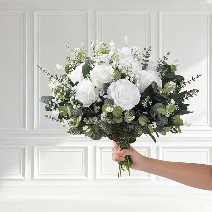 120 Pcs Mixed Artificial Eucalyptus Leaves Stems Bulk,Baby Breath Artificial Flowers Bulk with Eucalyptus Leaves Greenery Stems for DIY Bouquets Wedding Floral Home Decor (Green+White-120pcs)