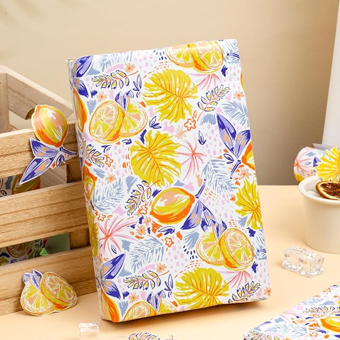 Afucus Gift Wraping Paper, Tropical Fruit Lemon Monstera Leaves, Cute Mini Wrapping Paper Rolls for Birthday Parties, Graduation, Baby Showers, Holidays (17 Inch X 33 Feet)