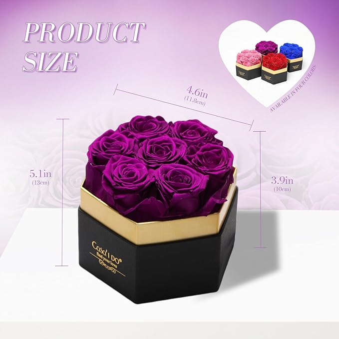 Preserved Roses Flowers for Delivery 7 Pcs, Forever Flores in a Box with Necklace, Eternal Rose Anniversary Birthday Gifts for Women Mom Wife Girlfriend, Rosas for Valentines Christmas, Purple