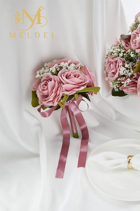 Meldel 6.5 Inch Bridesmaid Bouquet Set of 6, Wedding Bouquets for Bridesmaids, Rose Bridesmaid Bouquets for Wedding, Artificial Wedding Bouquet Flower, Floral Wedding Centerpieces