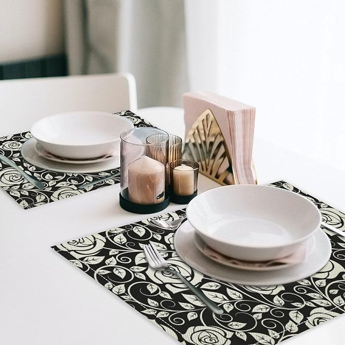 Retro Flowers Placemats Set of 6, 17x12 Inch Modern Aesthetic Black White Florals Leaves Art Print Table Mats for Home Party Kitchen Dining Decor