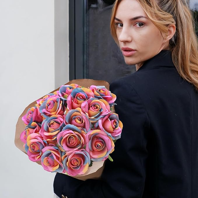 Rainbow Fake Roses Artificial Flowers - 10 Pcs Fake Artificial Roses Silk Flowers with Stems for Home Wedding Hotel Office Centerpiece Decor（Rainbow）
