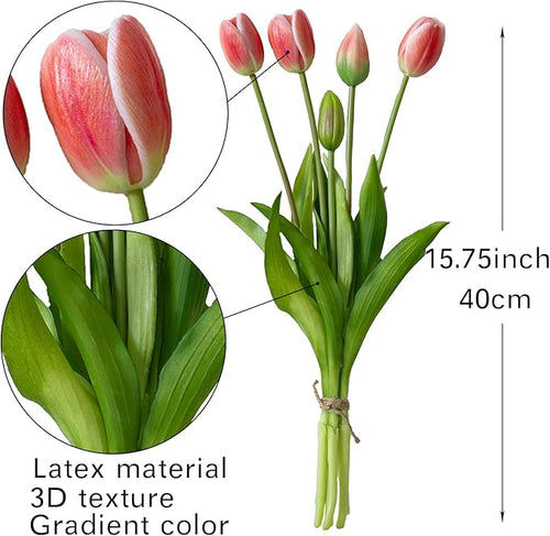 15pcs Artificial Tulips Flowers, Real Touch Latex Bouquet, Fake Tulips for Office Wedding Party Home Kitchen Garden Decoration-B Coral Pink