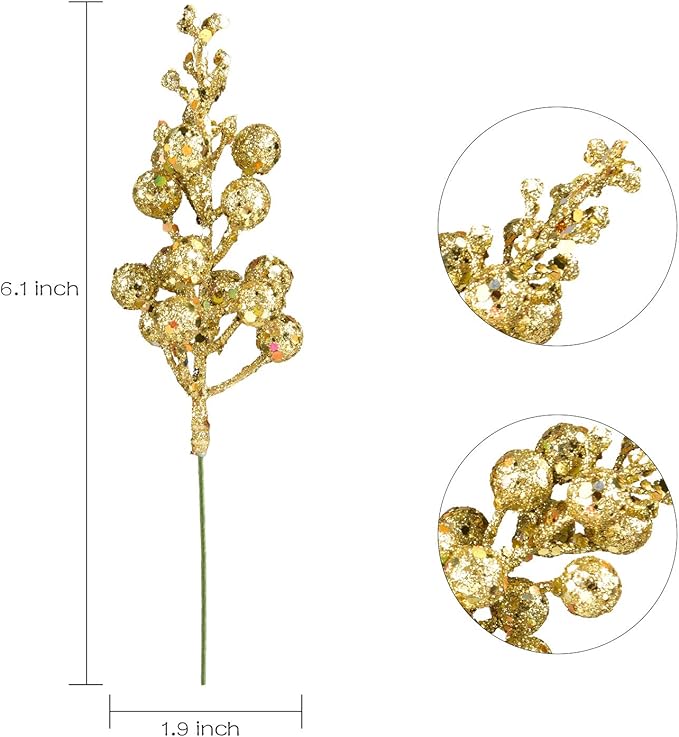 DearHouse 14 Pack Christmas Glitter Berries Stems, 7.8Inch Artificial Christmas Picks for Christmas Tree Ornaments, DIY Xmas Wreath, Crafts, Holiday and Home Decor (Gold)