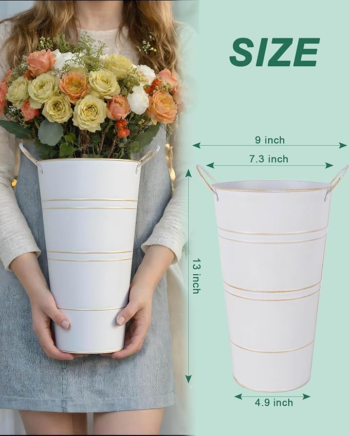 vensovo 12 Inch Galvanized Metal Vases for Flowers - 2 Pcs Farmhouse Decorative Tall Flower Bucket with Handles, Rustic French Tin Planter Buckets for Wedding Decor (White)