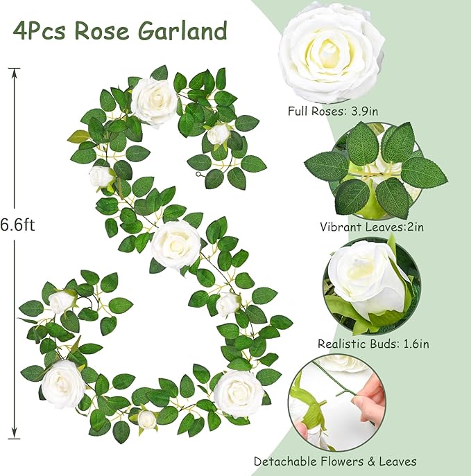 4 Pcs Flower Garland with 39.2 Ft Lights, 26.4 Ft White Floral Garland Fake Flowers for Wedding Arch Party Wall Garden Room Decor