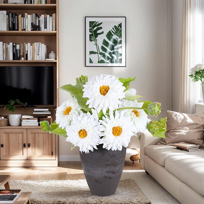 Kimura's Cabin 5Pcs White Artificial Silk Flowers Fake Sunflowers Bouquet Long Stems Faux Sunflower Real Touch Chrysanthemum for Wedding Home Garden Birthday Party Indoor Decor（White）
